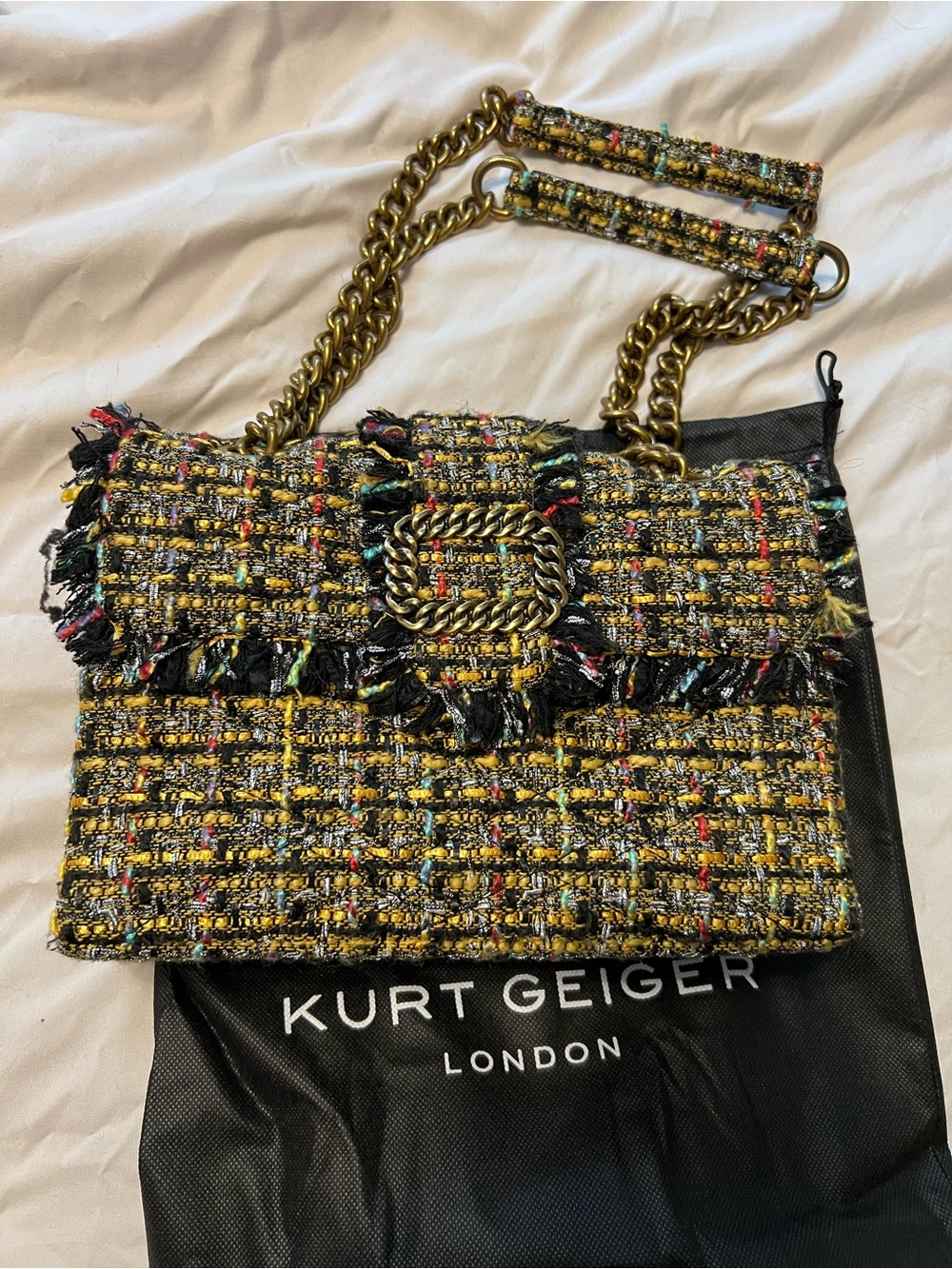 Kurt Geiger London Mayfair Tweed Multi Color Chain-Detail Shoulder Bag